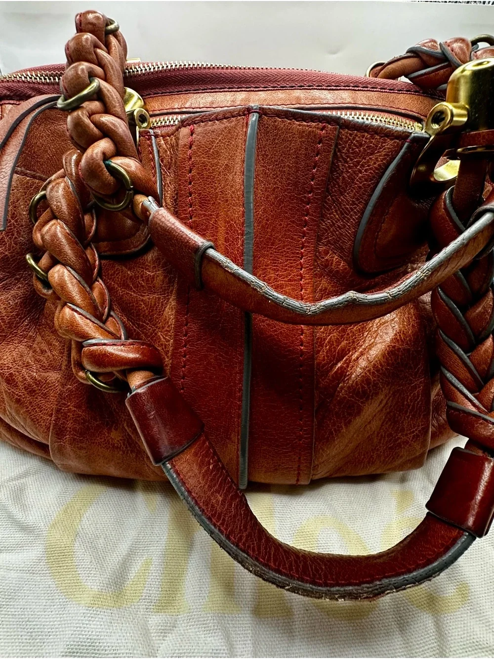 Chloé HELOISE HANDBAG Rust Leather Satchel with Braided Handle and Gold Hardware